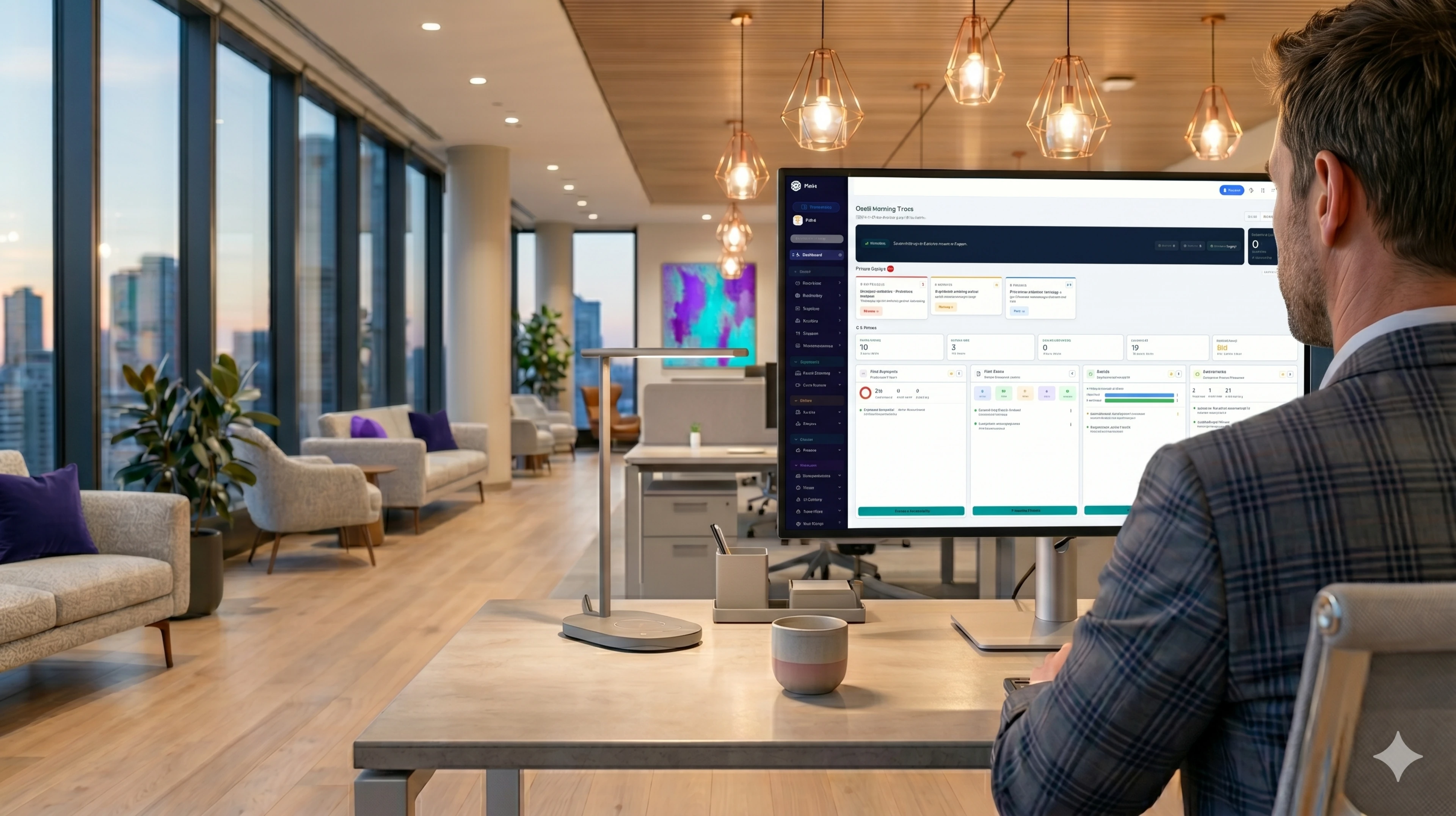 A professional reviewing work in a modern office